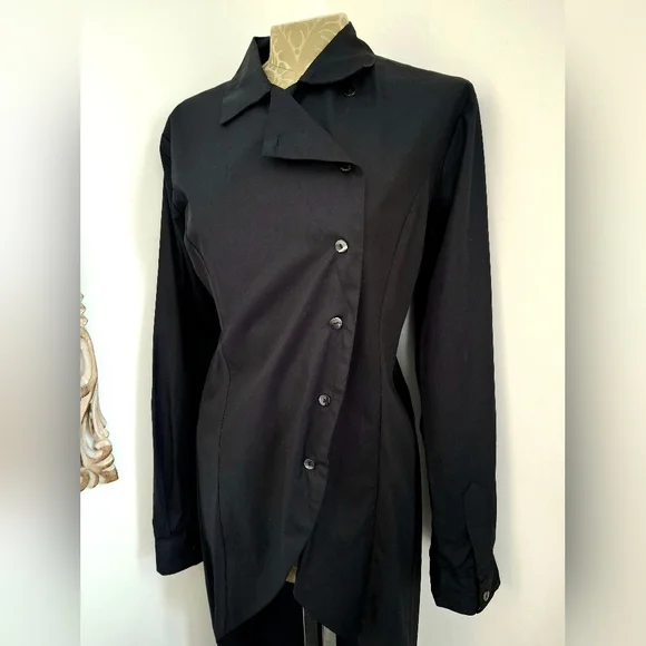 Matthildur Womens Black Pima Cotton Long Sleeve Button Down High Low Blouse Sz 2 - Picture 2 of 12